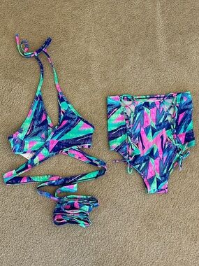 High-Waist Tie-Side Bikini Set in Neon Multi